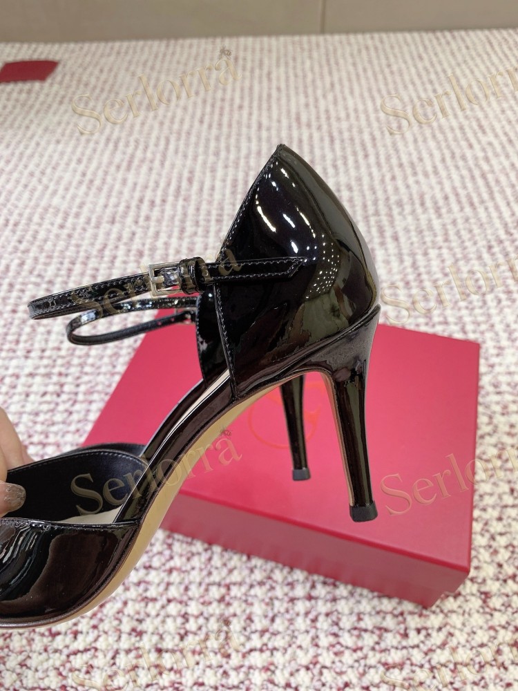 VALENTINO GARAVANI BLACK PATENT LEATHER VLOGO POINTED‑TOE ANKLE‑STRAP STILETTO PUMPS