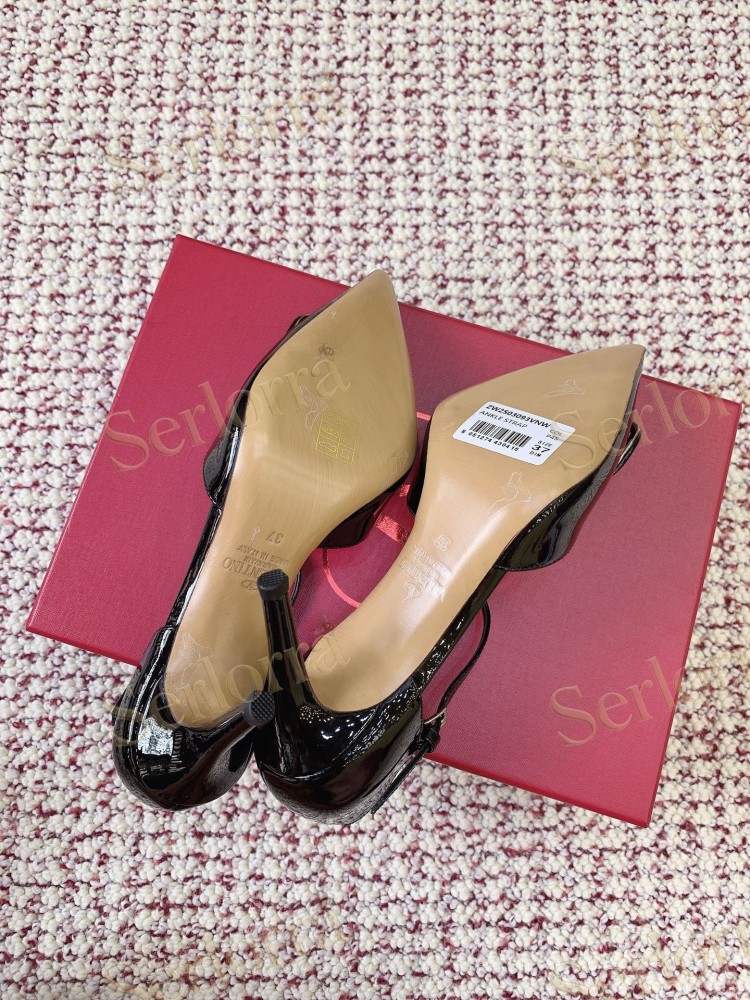 VALENTINO GARAVANI BLACK PATENT LEATHER VLOGO POINTED‑TOE ANKLE‑STRAP STILETTO PUMPS