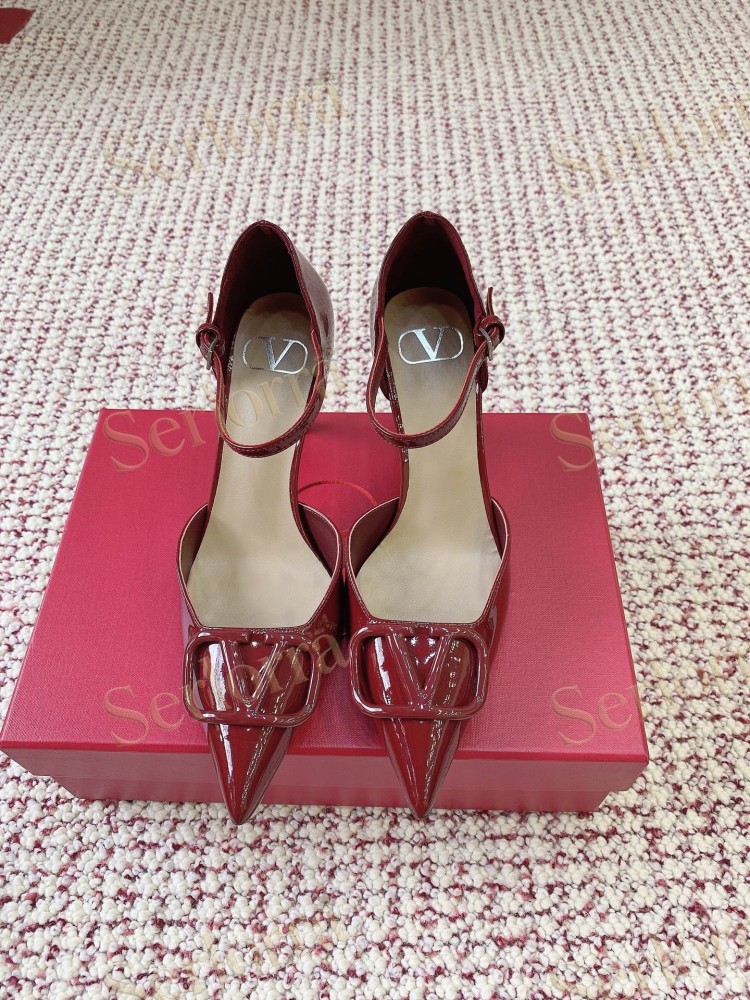 VALENTINO GARAVANI BLACK PATENT LEATHER VLOGO POINTED‑TOE ANKLE‑STRAP STILETTO PUMPS