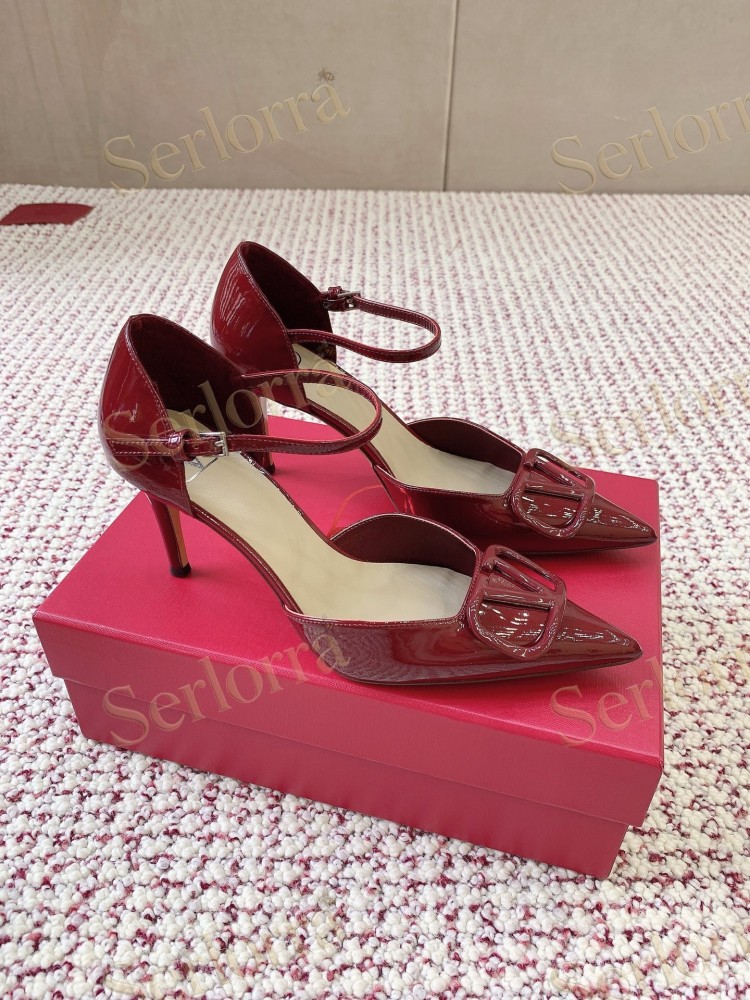 VALENTINO GARAVANI BLACK PATENT LEATHER VLOGO POINTED‑TOE ANKLE‑STRAP STILETTO PUMPS