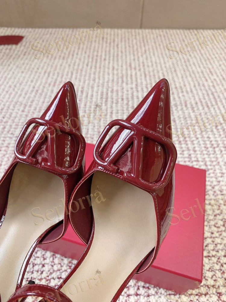 VALENTINO GARAVANI BLACK PATENT LEATHER VLOGO POINTED‑TOE ANKLE‑STRAP STILETTO PUMPS