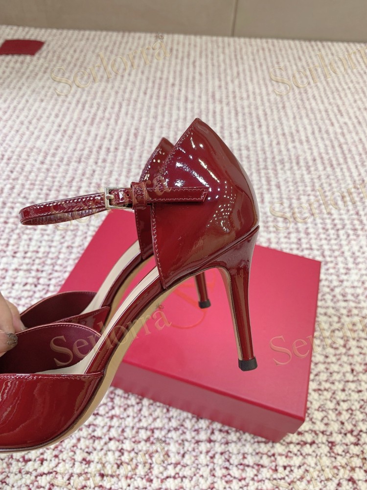 VALENTINO GARAVANI BLACK PATENT LEATHER VLOGO POINTED‑TOE ANKLE‑STRAP STILETTO PUMPS