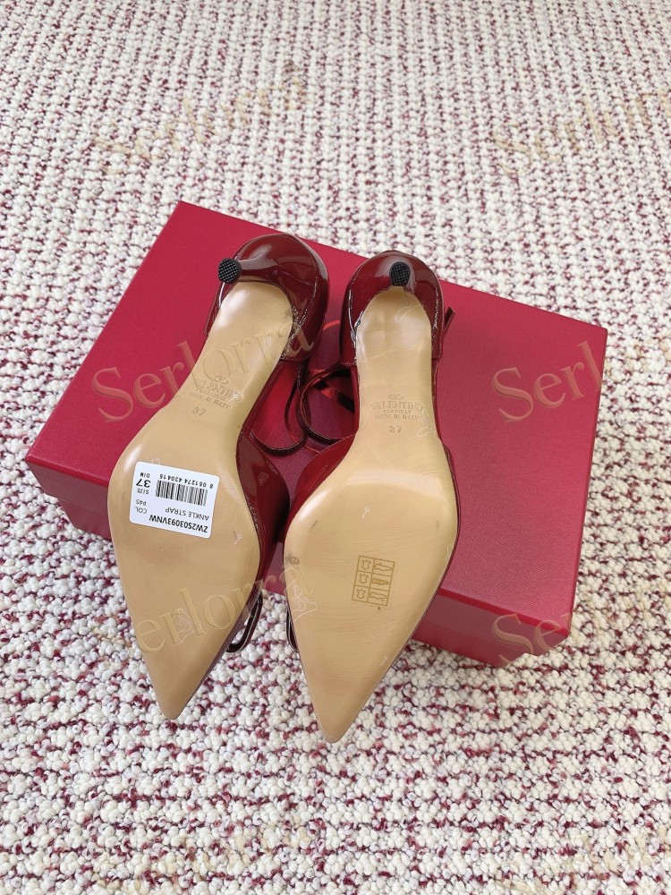 VALENTINO GARAVANI BLACK PATENT LEATHER VLOGO POINTED‑TOE ANKLE‑STRAP STILETTO PUMPS