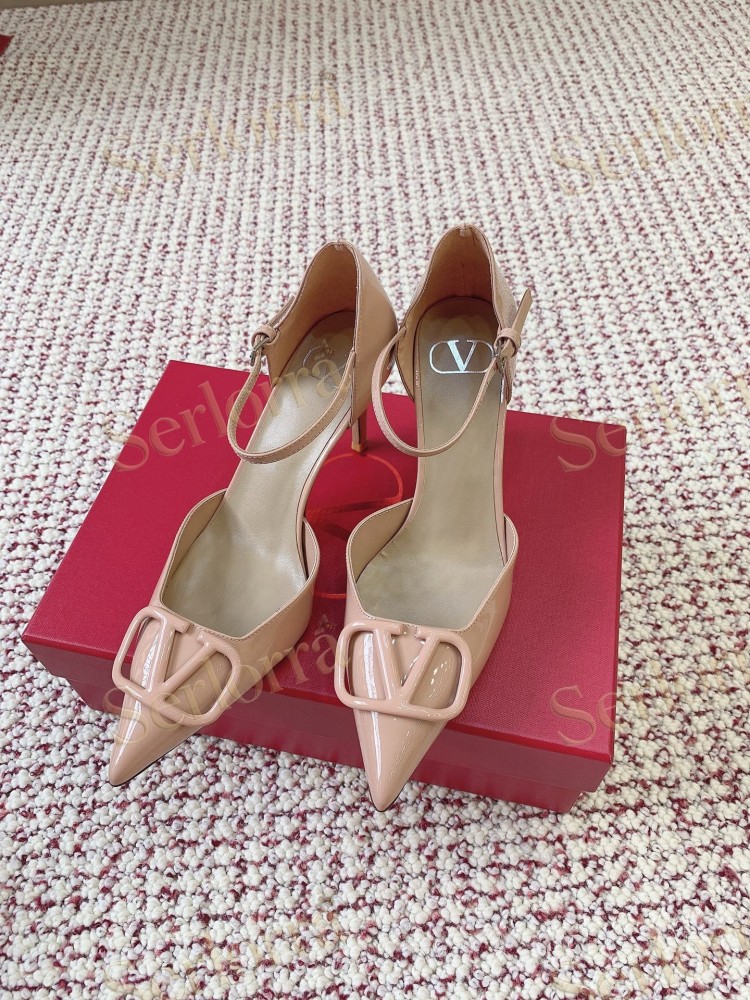 VALENTINO GARAVANI BLACK PATENT LEATHER VLOGO POINTED‑TOE ANKLE‑STRAP STILETTO PUMPS