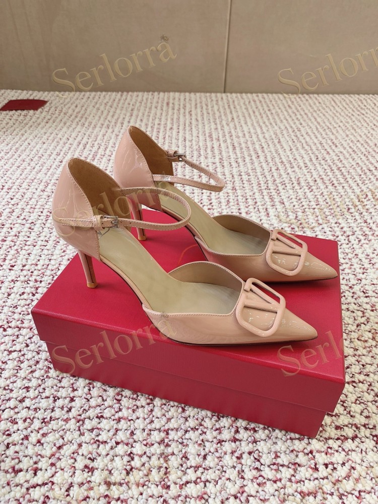 VALENTINO GARAVANI BLACK PATENT LEATHER VLOGO POINTED‑TOE ANKLE‑STRAP STILETTO PUMPS
