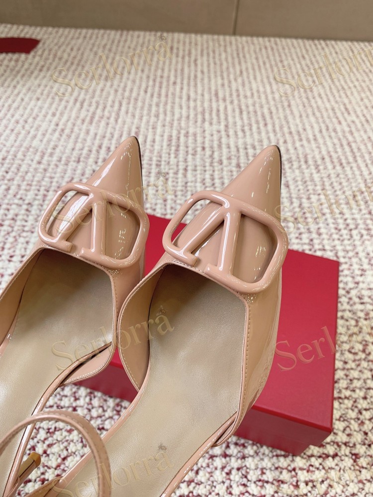 VALENTINO GARAVANI BLACK PATENT LEATHER VLOGO POINTED‑TOE ANKLE‑STRAP STILETTO PUMPS