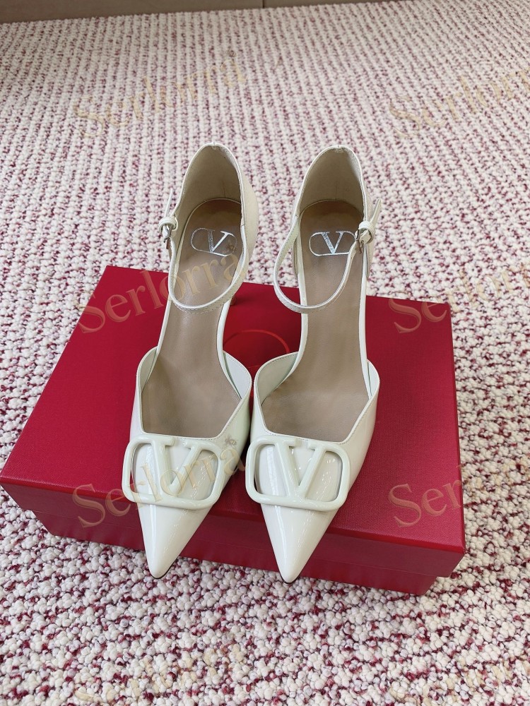 VALENTINO GARAVANI BLACK PATENT LEATHER VLOGO POINTED‑TOE ANKLE‑STRAP STILETTO PUMPS