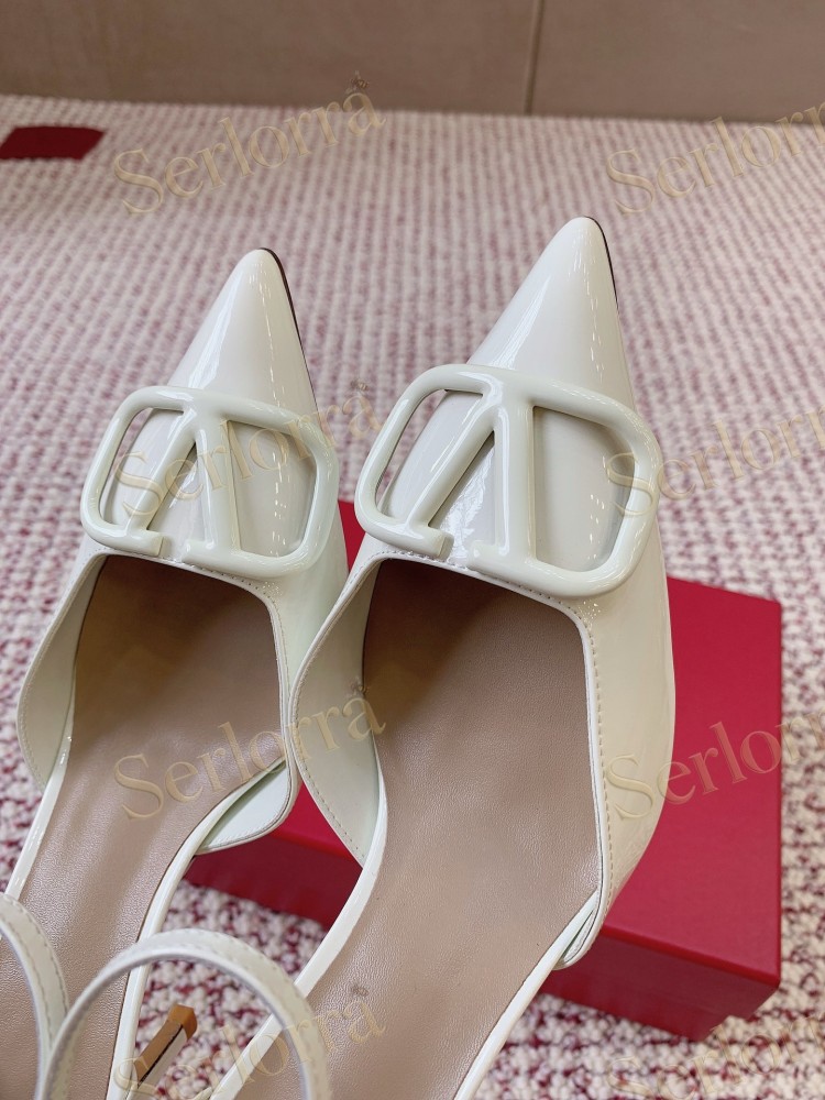 VALENTINO GARAVANI BLACK PATENT LEATHER VLOGO POINTED‑TOE ANKLE‑STRAP STILETTO PUMPS