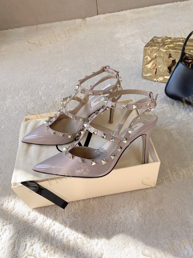 VALENTINO GARAVANI ROCKSTUD ANKLE STRAP POINTED‑TOE HIGH‑HEEL SANDALS