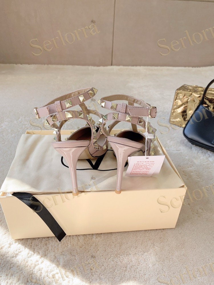 VALENTINO GARAVANI ROCKSTUD ANKLE STRAP POINTED‑TOE HIGH‑HEEL SANDALS