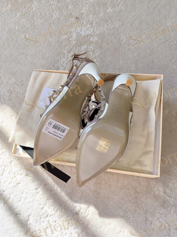VALENTINO GARAVANI ROCKSTUD ANKLE STRAP POINTED‑TOE HIGH‑HEEL SANDALS