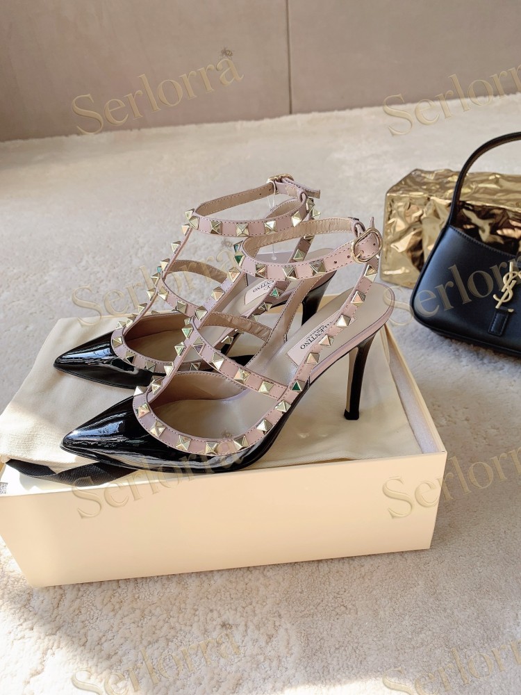 VALENTINO GARAVANI ROCKSTUD ANKLE STRAP POINTED‑TOE HIGH‑HEEL SANDALS
