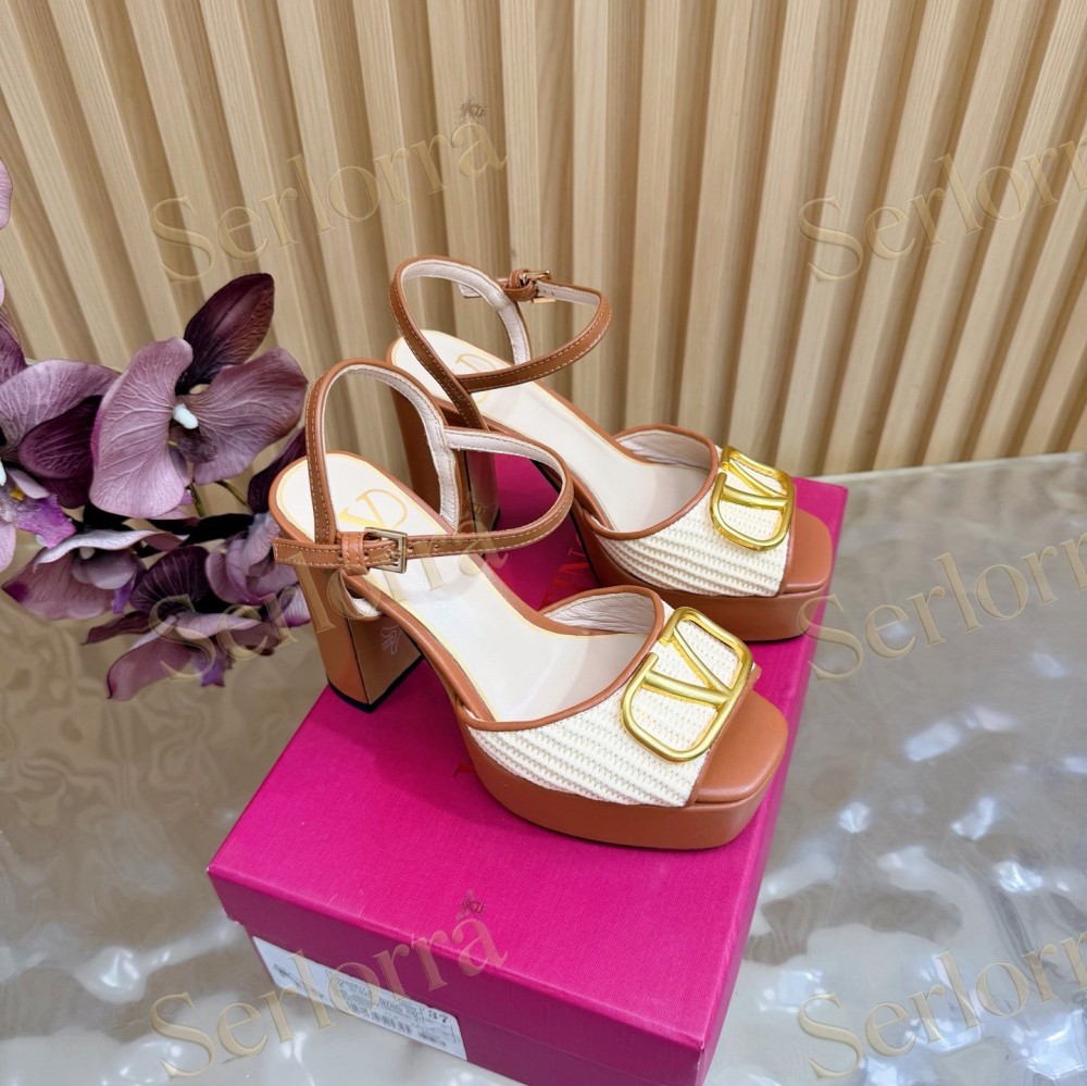 VALENTINO GARAVANI VLOGO RAFFIA‑LEATHER PLATFORM BLOCK‑HEEL SANDALS