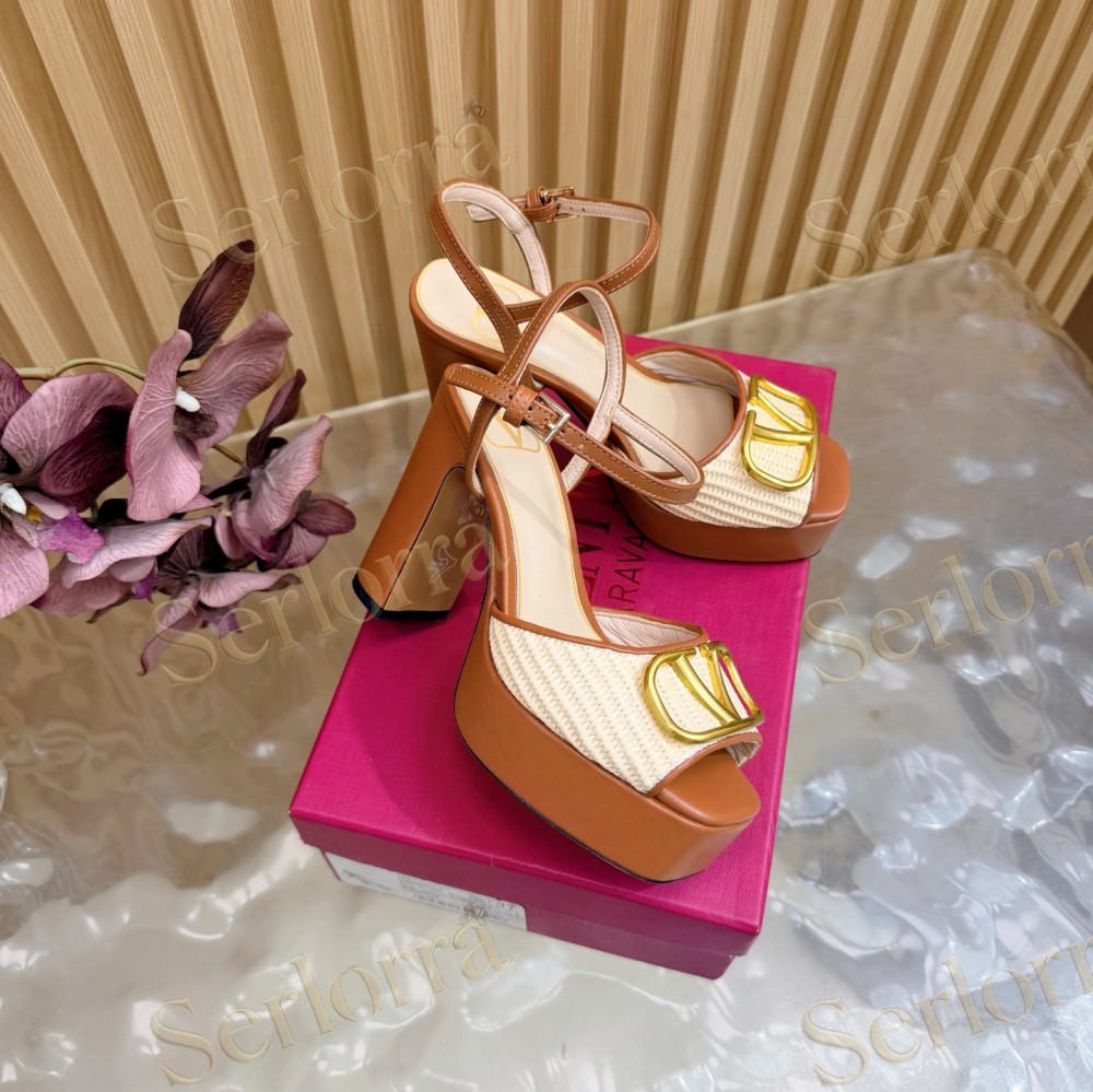 VALENTINO GARAVANI VLOGO RAFFIA‑LEATHER PLATFORM BLOCK‑HEEL SANDALS