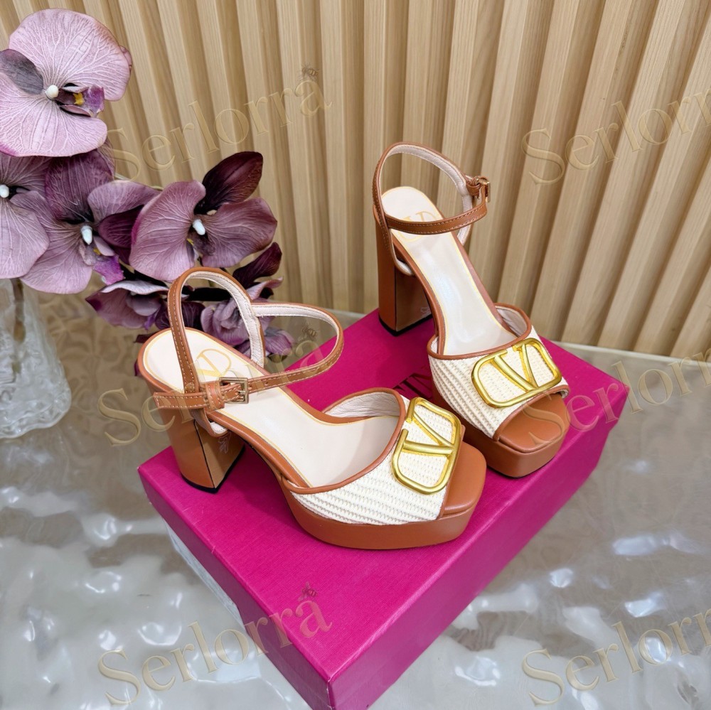 VALENTINO GARAVANI VLOGO RAFFIA‑LEATHER PLATFORM BLOCK‑HEEL SANDALS
