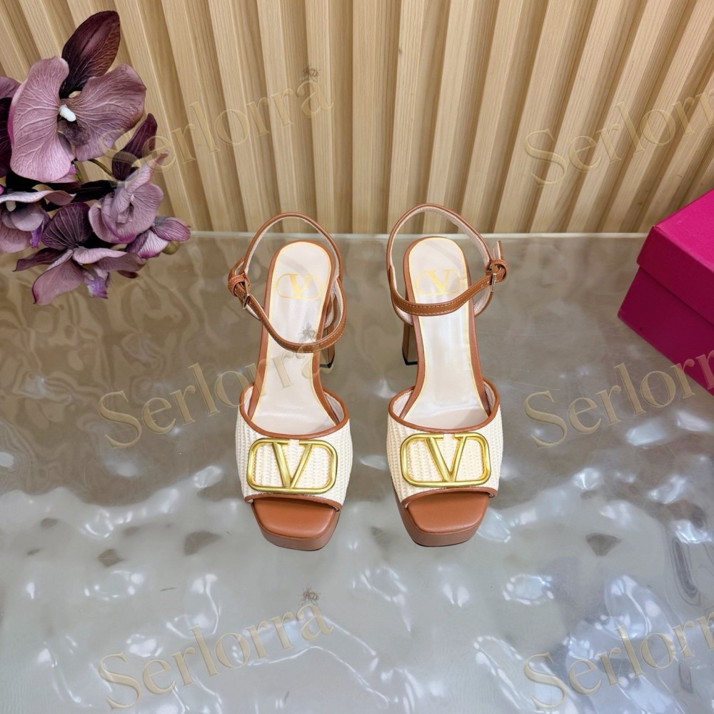 VALENTINO GARAVANI VLOGO RAFFIA‑LEATHER PLATFORM BLOCK‑HEEL SANDALS