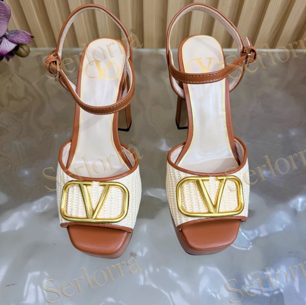VALENTINO GARAVANI VLOGO RAFFIA‑LEATHER PLATFORM BLOCK‑HEEL SANDALS