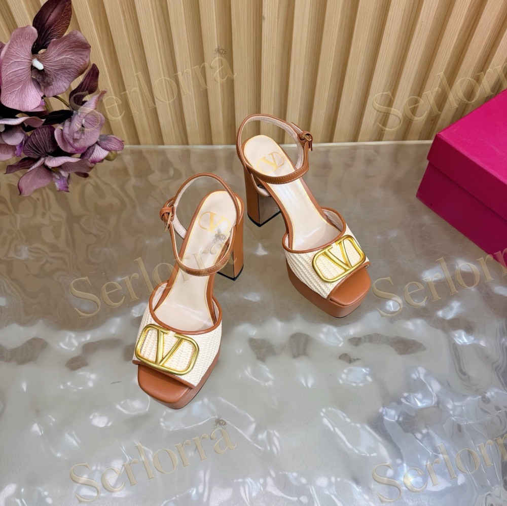 VALENTINO GARAVANI VLOGO RAFFIA‑LEATHER PLATFORM BLOCK‑HEEL SANDALS