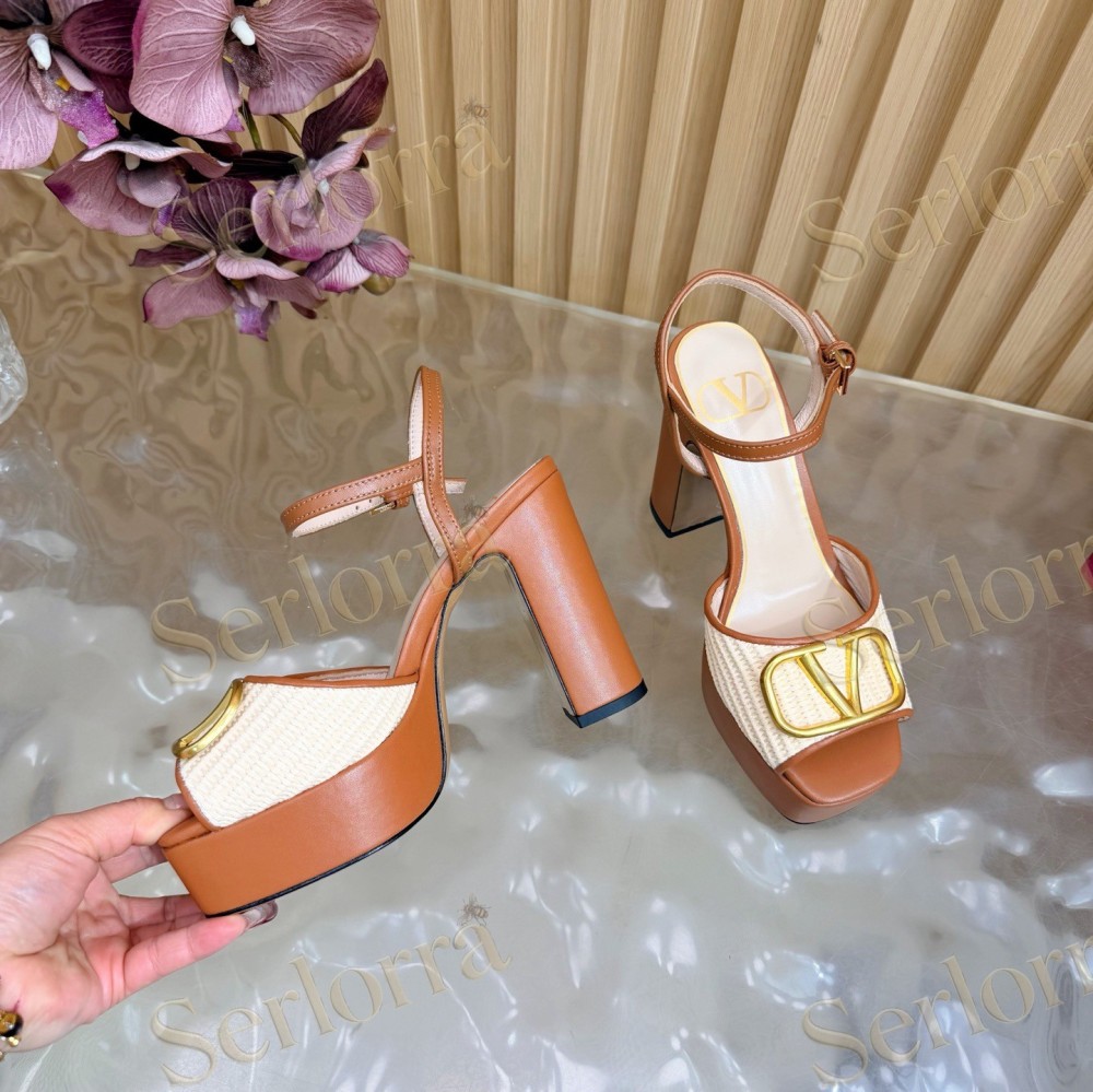 VALENTINO GARAVANI VLOGO RAFFIA‑LEATHER PLATFORM BLOCK‑HEEL SANDALS