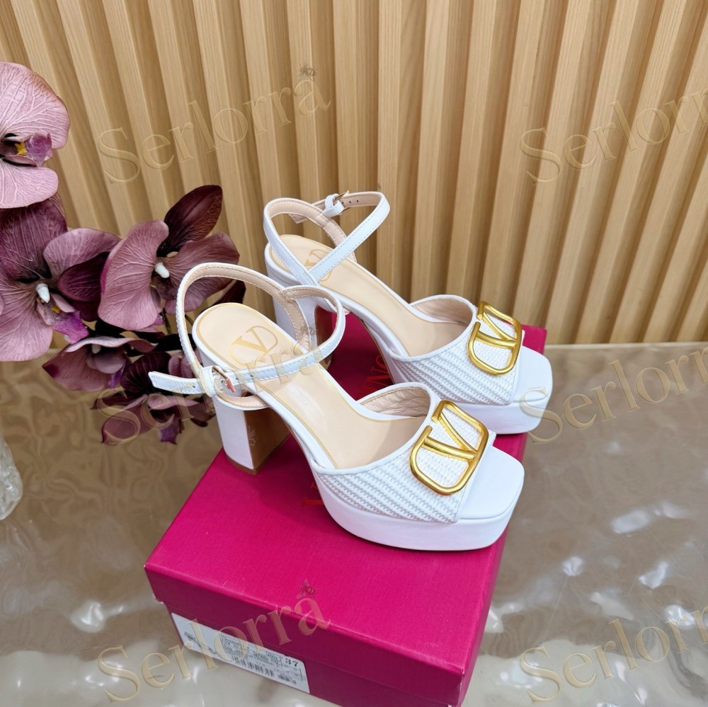 VALENTINO GARAVANI VLOGO RAFFIA‑LEATHER PLATFORM BLOCK‑HEEL SANDALS