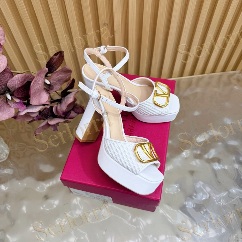 VALENTINO GARAVANI VLOGO RAFFIA‑LEATHER PLATFORM BLOCK‑HEEL SANDALS