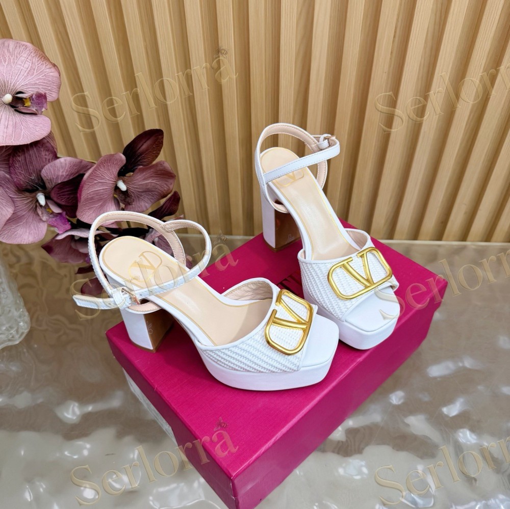 VALENTINO GARAVANI VLOGO RAFFIA‑LEATHER PLATFORM BLOCK‑HEEL SANDALS