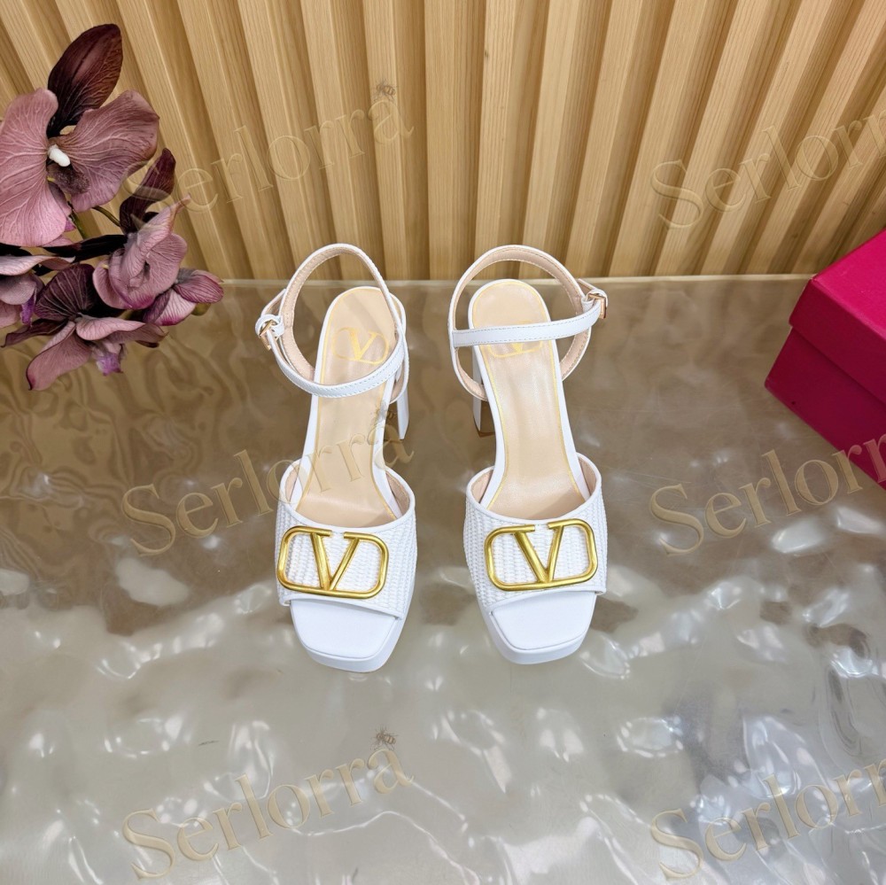 VALENTINO GARAVANI VLOGO RAFFIA‑LEATHER PLATFORM BLOCK‑HEEL SANDALS