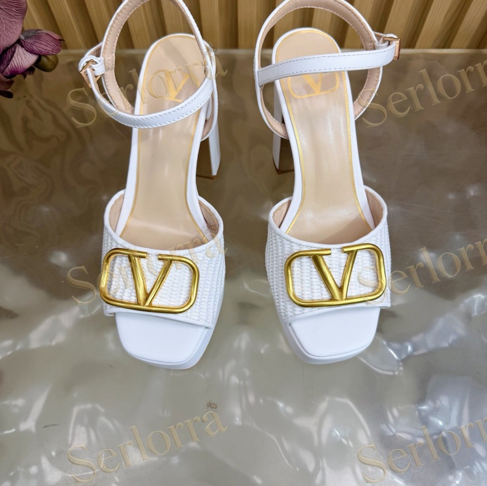 VALENTINO GARAVANI VLOGO RAFFIA‑LEATHER PLATFORM BLOCK‑HEEL SANDALS