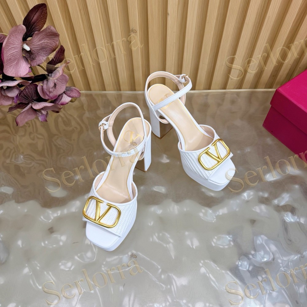 VALENTINO GARAVANI VLOGO RAFFIA‑LEATHER PLATFORM BLOCK‑HEEL SANDALS