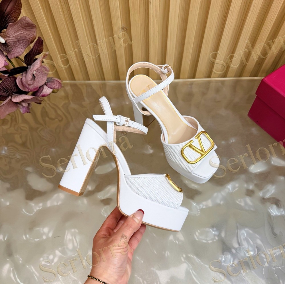 VALENTINO GARAVANI VLOGO RAFFIA‑LEATHER PLATFORM BLOCK‑HEEL SANDALS