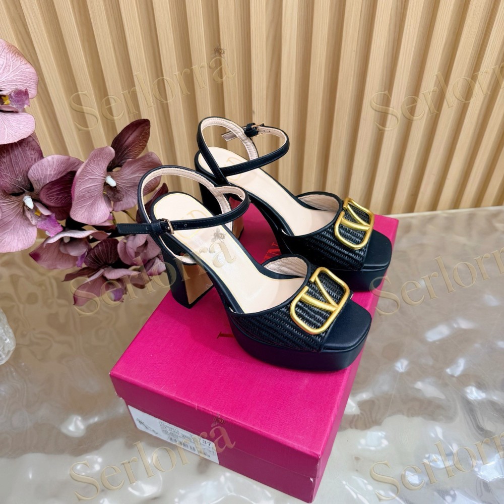 VALENTINO GARAVANI VLOGO RAFFIA‑LEATHER PLATFORM BLOCK‑HEEL SANDALS