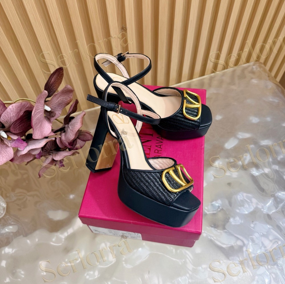 VALENTINO GARAVANI VLOGO RAFFIA‑LEATHER PLATFORM BLOCK‑HEEL SANDALS