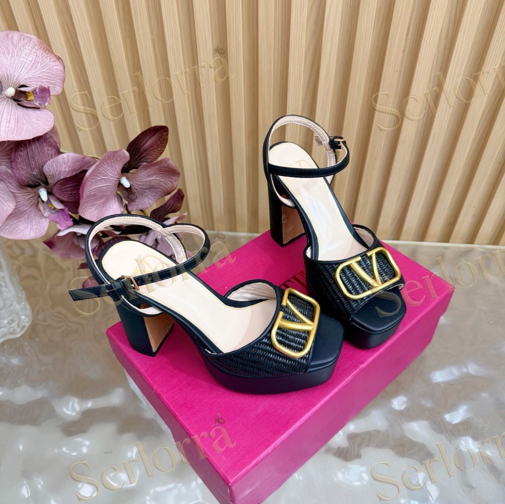 VALENTINO GARAVANI VLOGO RAFFIA‑LEATHER PLATFORM BLOCK‑HEEL SANDALS