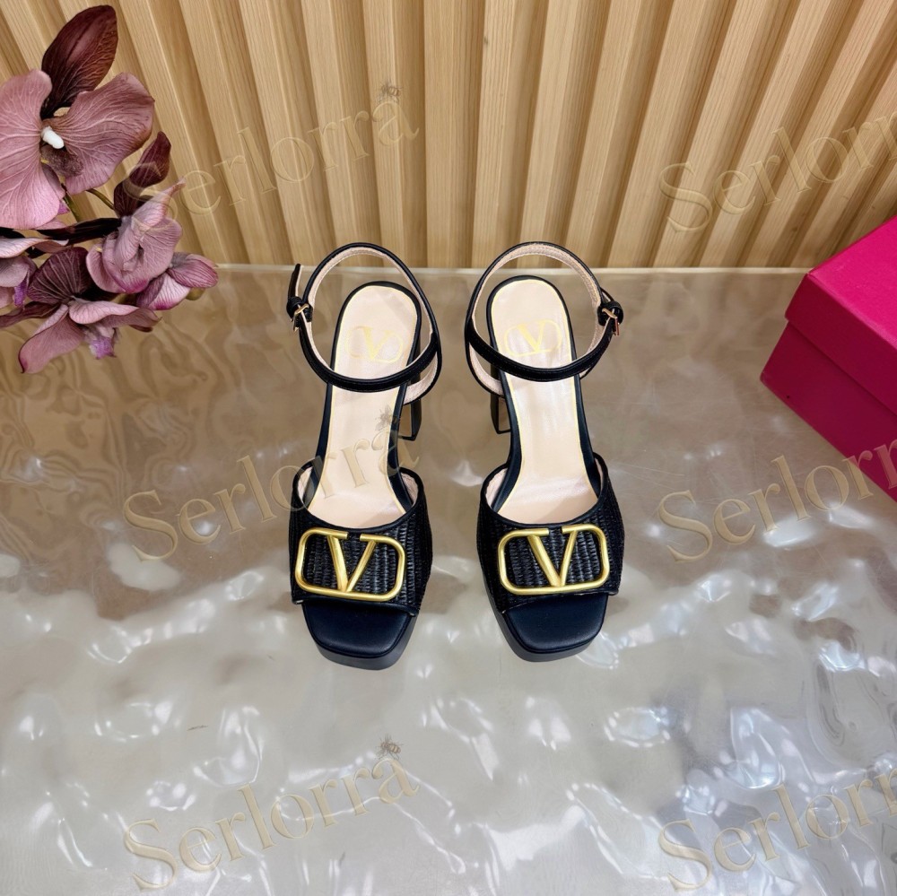 VALENTINO GARAVANI VLOGO RAFFIA‑LEATHER PLATFORM BLOCK‑HEEL SANDALS