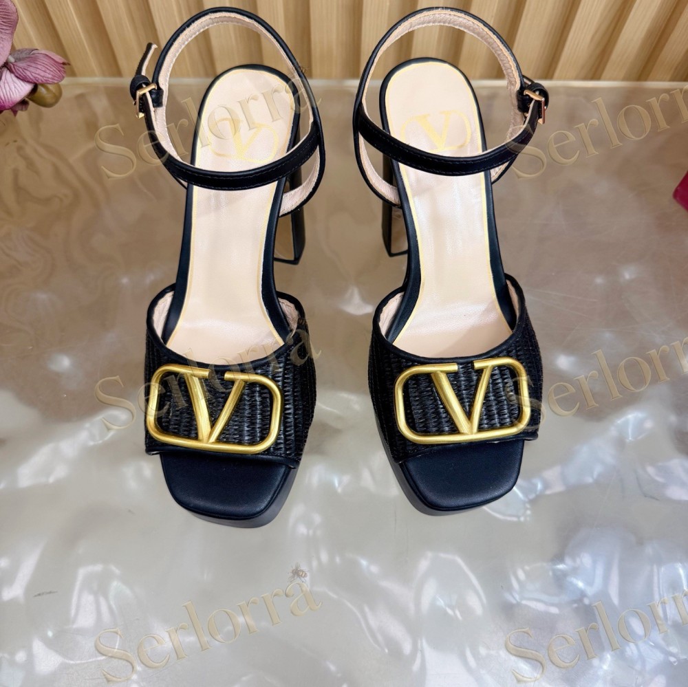 VALENTINO GARAVANI VLOGO RAFFIA‑LEATHER PLATFORM BLOCK‑HEEL SANDALS