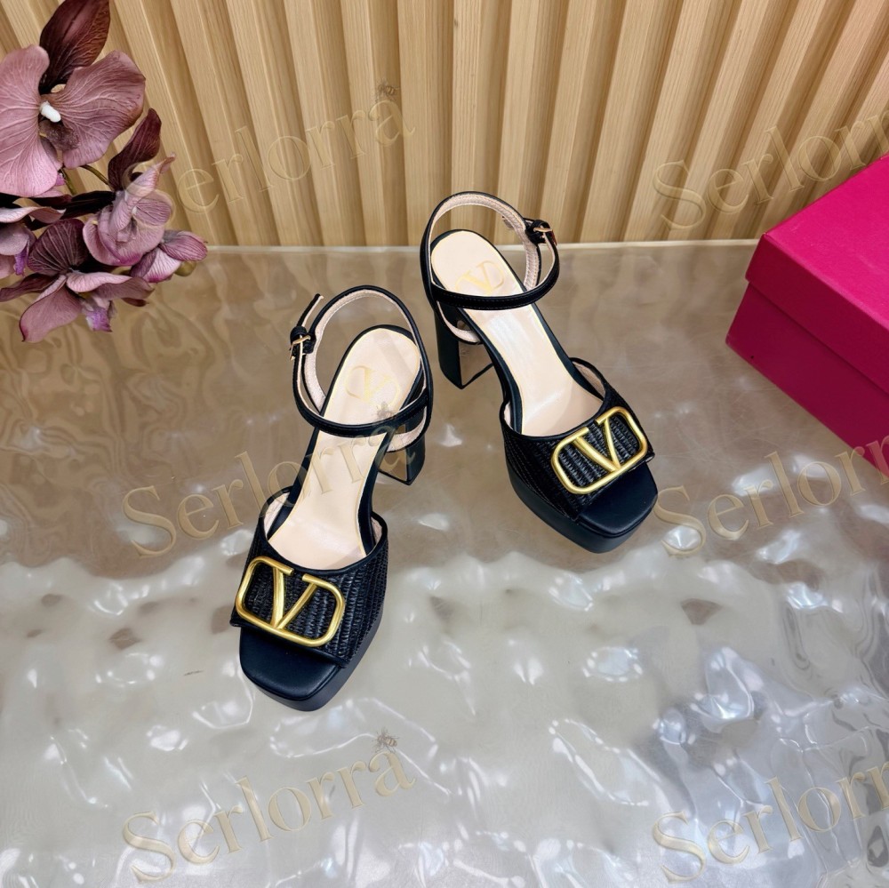 VALENTINO GARAVANI VLOGO RAFFIA‑LEATHER PLATFORM BLOCK‑HEEL SANDALS