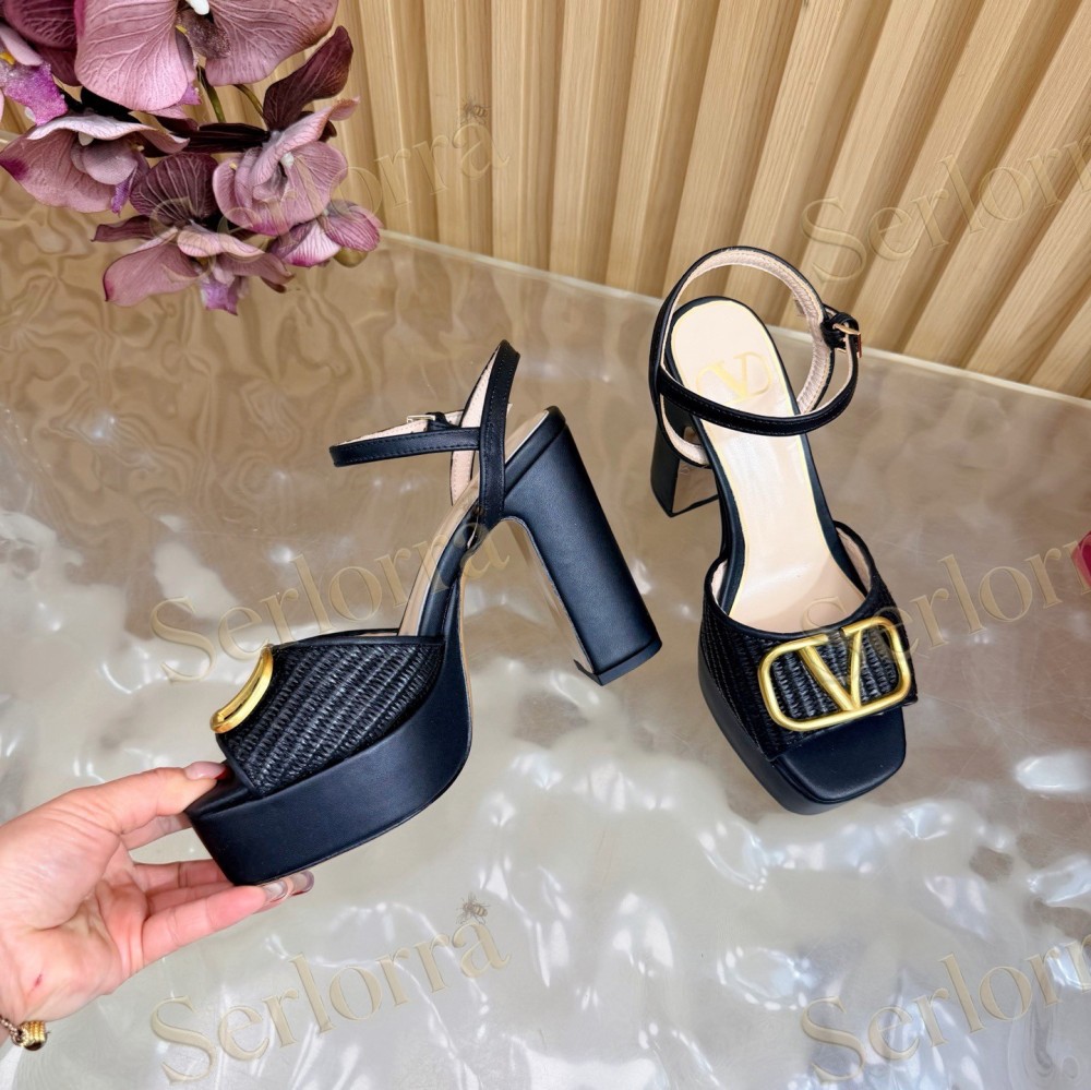 VALENTINO GARAVANI VLOGO RAFFIA‑LEATHER PLATFORM BLOCK‑HEEL SANDALS