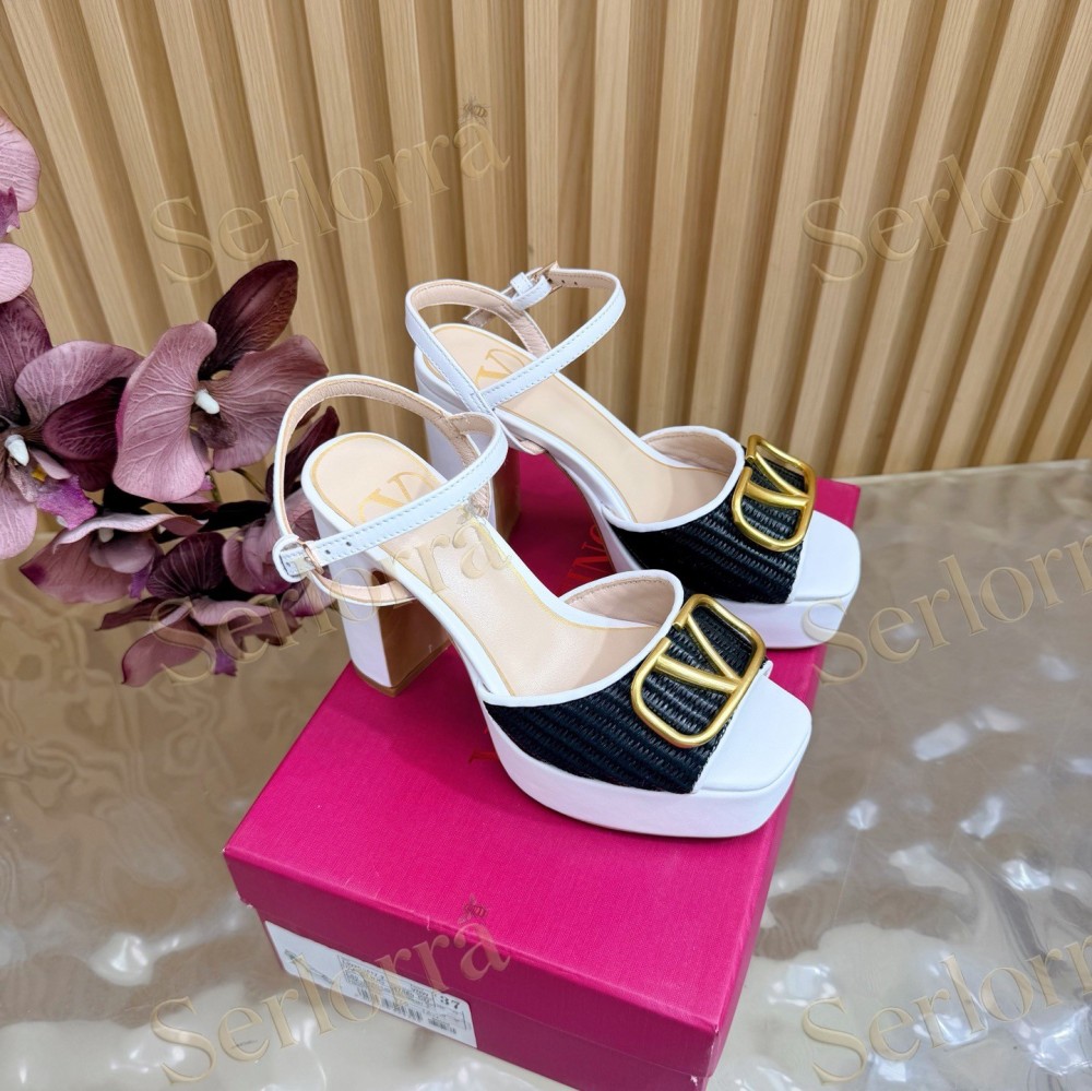 VALENTINO GARAVANI VLOGO RAFFIA‑LEATHER PLATFORM BLOCK‑HEEL SANDALS