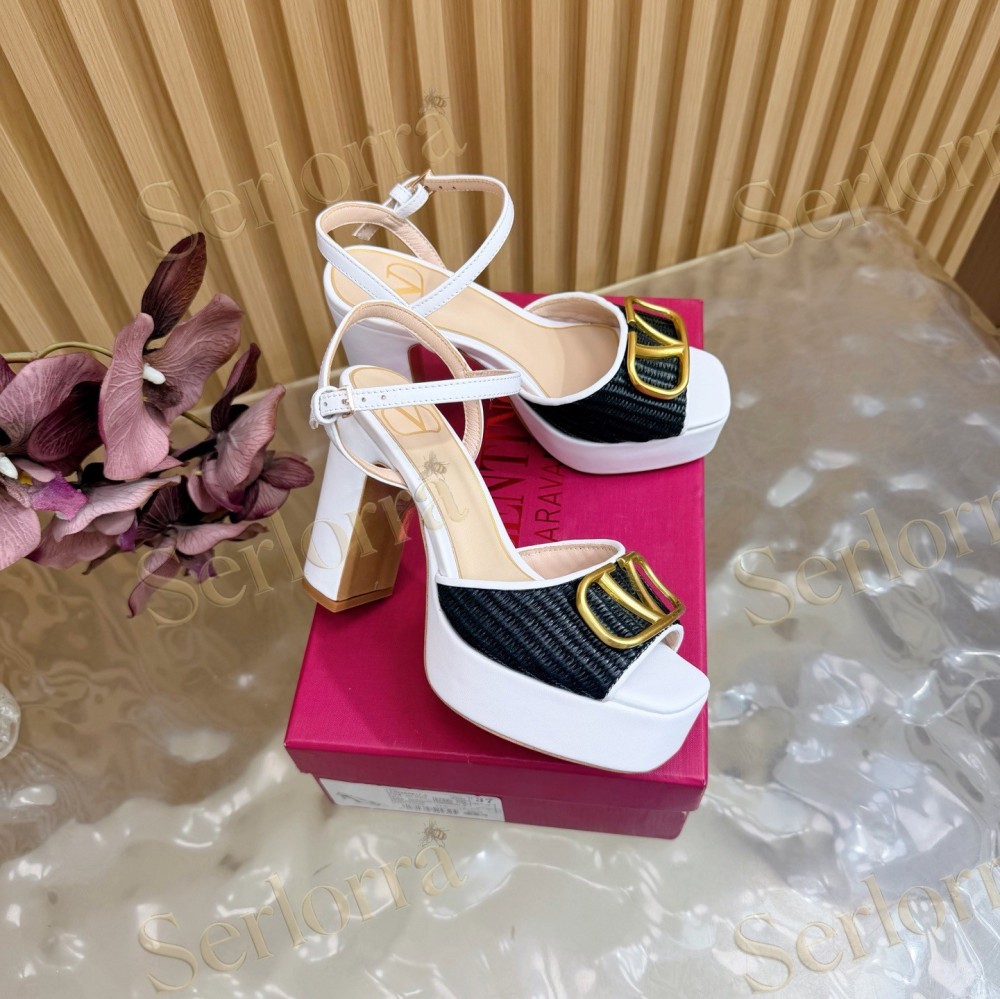VALENTINO GARAVANI VLOGO RAFFIA‑LEATHER PLATFORM BLOCK‑HEEL SANDALS