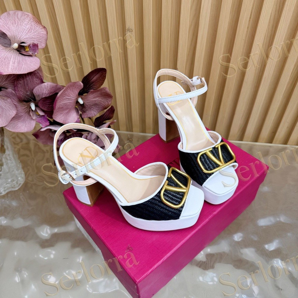 VALENTINO GARAVANI VLOGO RAFFIA‑LEATHER PLATFORM BLOCK‑HEEL SANDALS