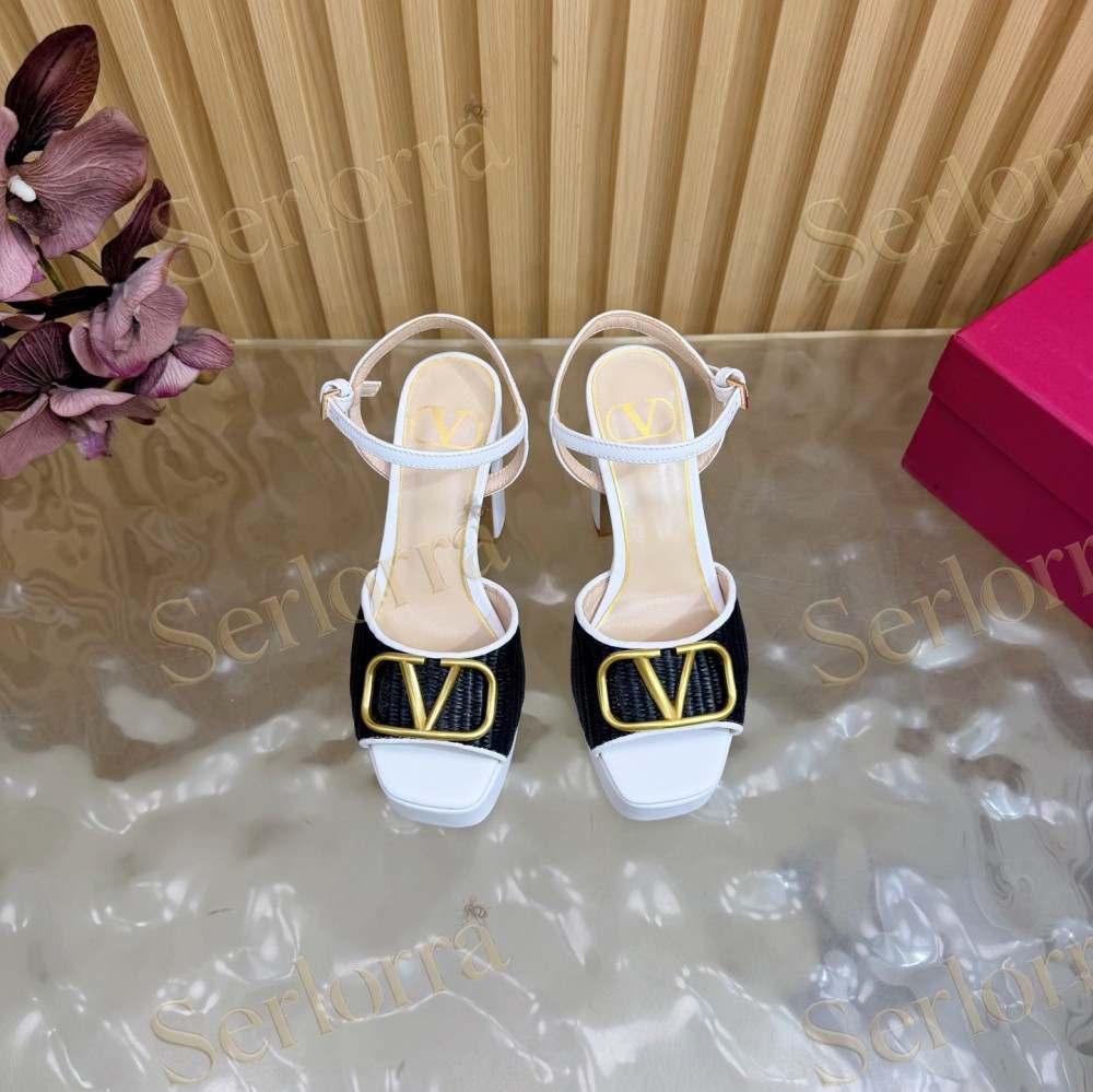 VALENTINO GARAVANI VLOGO RAFFIA‑LEATHER PLATFORM BLOCK‑HEEL SANDALS