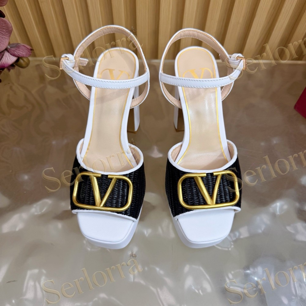 VALENTINO GARAVANI VLOGO RAFFIA‑LEATHER PLATFORM BLOCK‑HEEL SANDALS