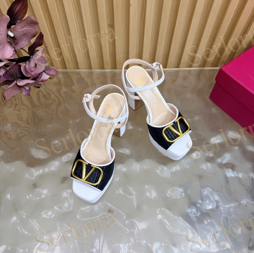 VALENTINO GARAVANI VLOGO RAFFIA‑LEATHER PLATFORM BLOCK‑HEEL SANDALS