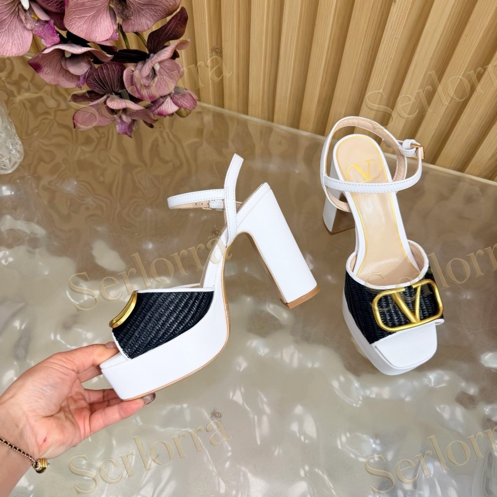 VALENTINO GARAVANI VLOGO RAFFIA‑LEATHER PLATFORM BLOCK‑HEEL SANDALS