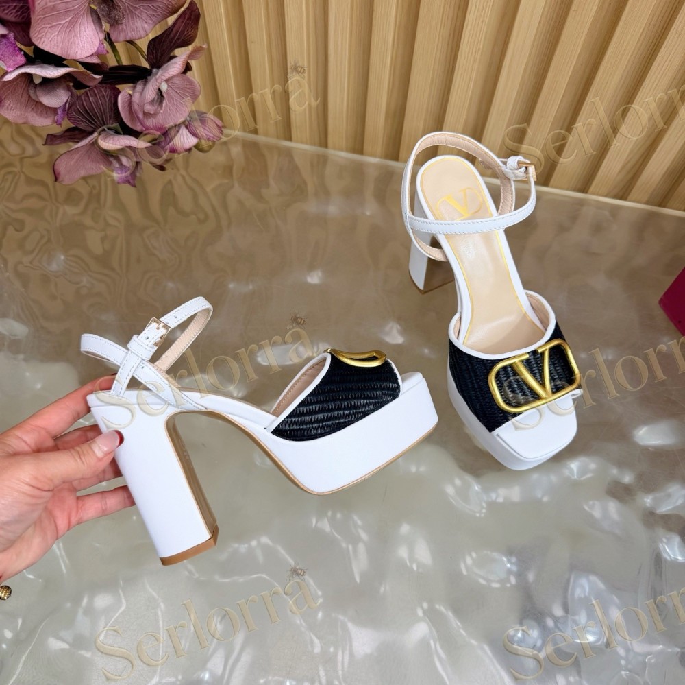 VALENTINO GARAVANI VLOGO RAFFIA‑LEATHER PLATFORM BLOCK‑HEEL SANDALS
