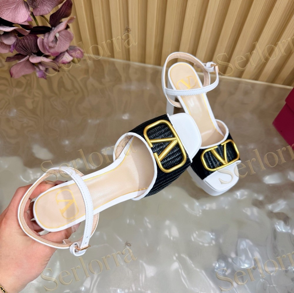VALENTINO GARAVANI VLOGO RAFFIA‑LEATHER PLATFORM BLOCK‑HEEL SANDALS