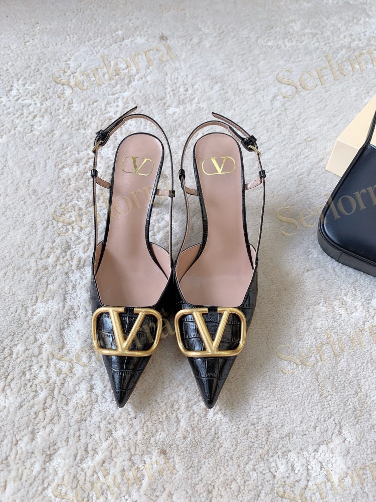 VALENTINO BURGUNDY CROC‑EFFECT LEATHER V‑LOGO SLINGBACK STILETTO PUMPS