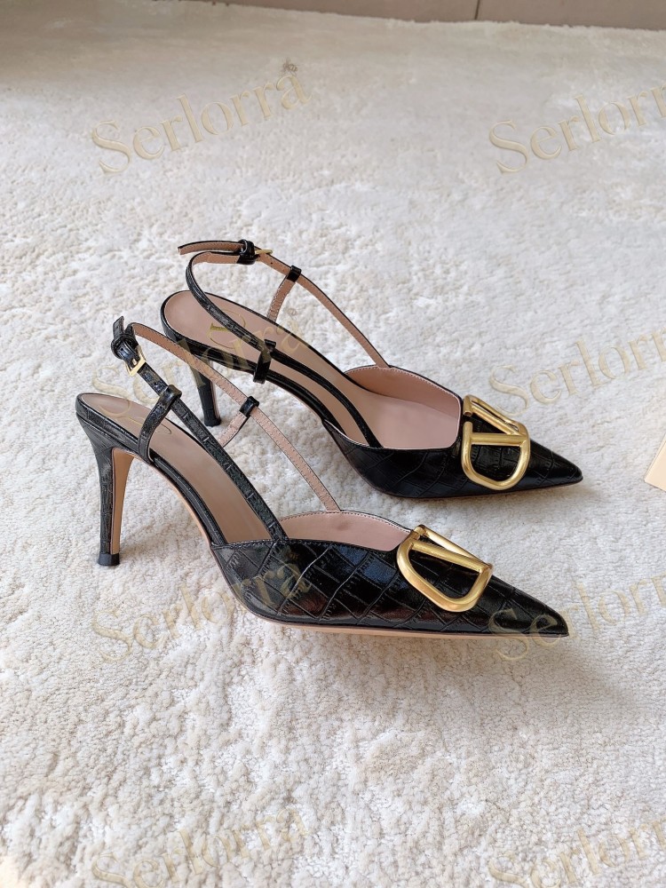 VALENTINO BURGUNDY CROC‑EFFECT LEATHER V‑LOGO SLINGBACK STILETTO PUMPS