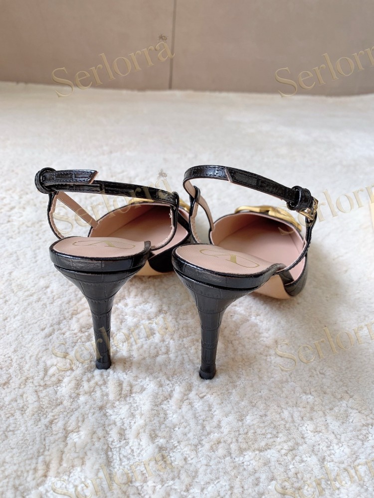 VALENTINO BURGUNDY CROC‑EFFECT LEATHER V‑LOGO SLINGBACK STILETTO PUMPS