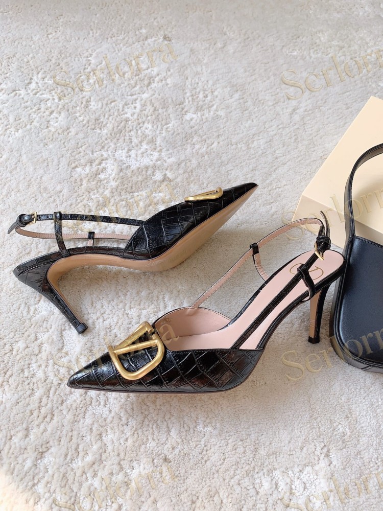 VALENTINO BURGUNDY CROC‑EFFECT LEATHER V‑LOGO SLINGBACK STILETTO PUMPS